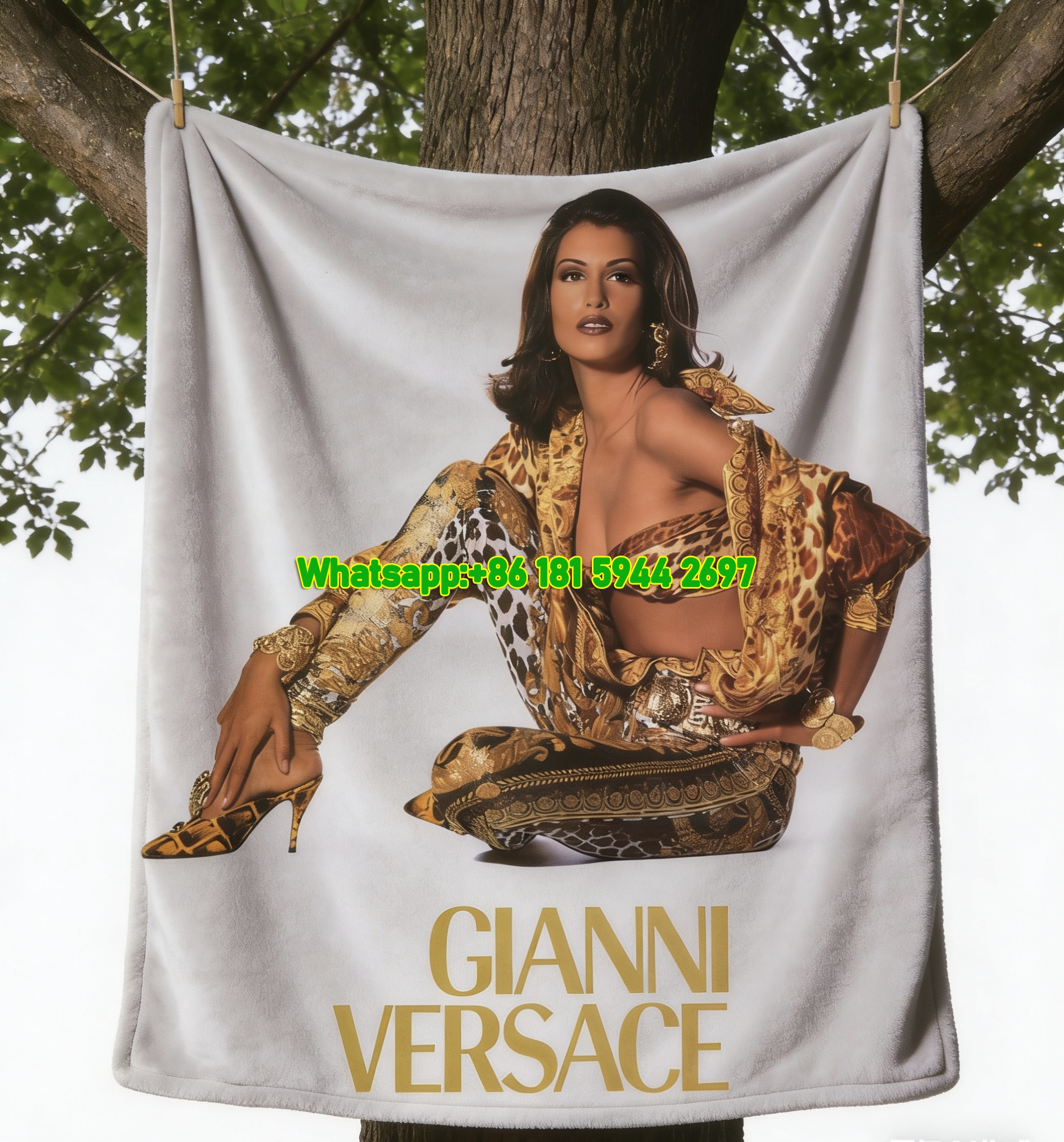 Gianni Versace Brown Gold Leopard Print 90s Campaign Flannel Sofa Throw Blanket IMG_1623